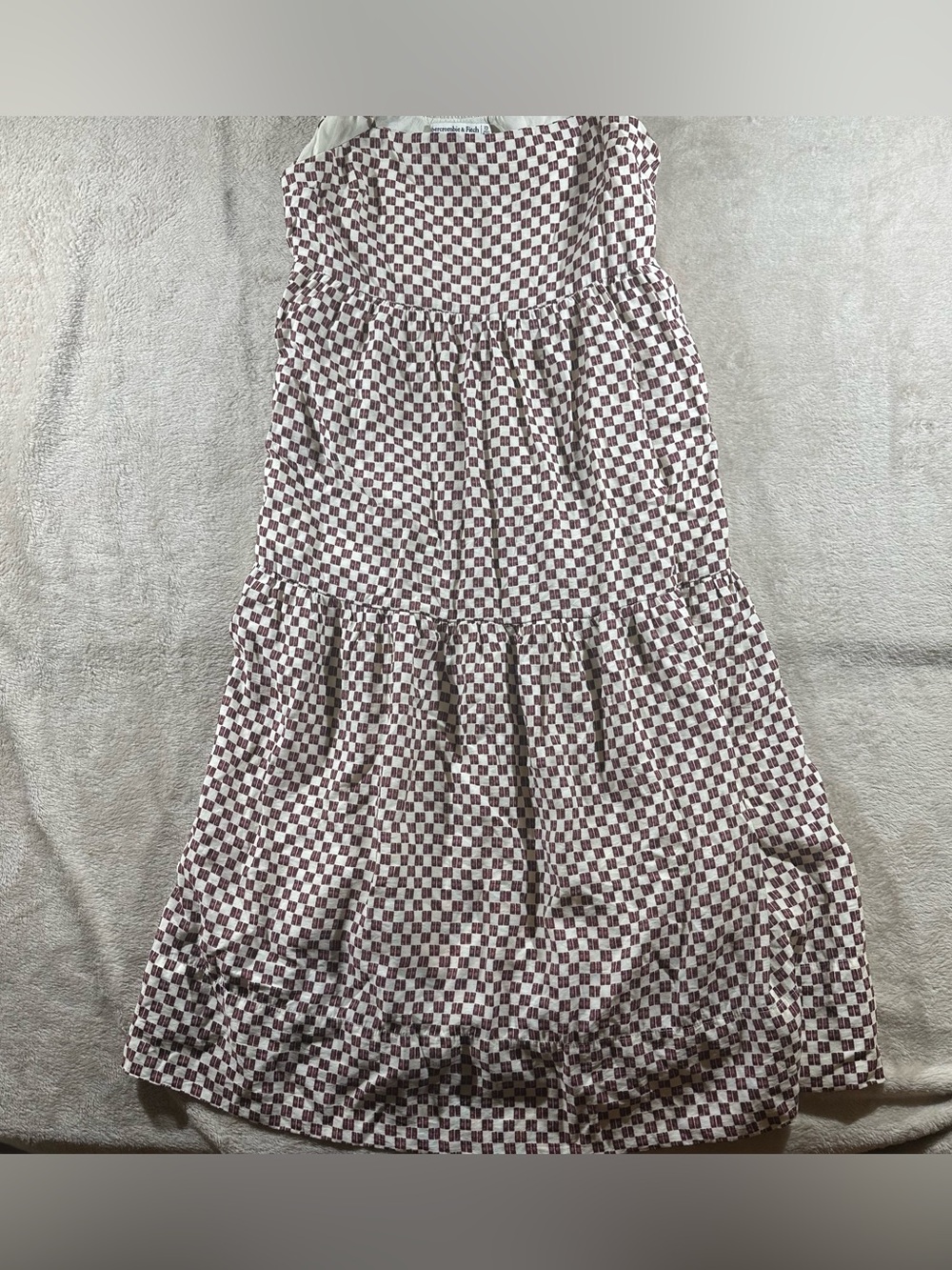 Abercrombie & Fitch White and Burgundy Check Strapless Midi Dress